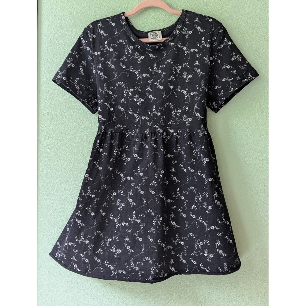 Vintage 90s CMI Floral Babydoll Dress Black White Short Sleeve Back Tie Made USA